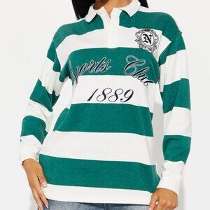 Fashion Nova Sports Club Striped Polo Green Long Sleeve Embroidered Graphic NWT